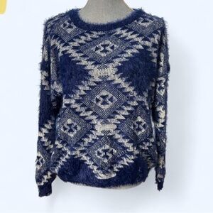 L&A Fashion Navy Blue White Aztec Geometric Fuzzy Eyelash Knit Sweater L